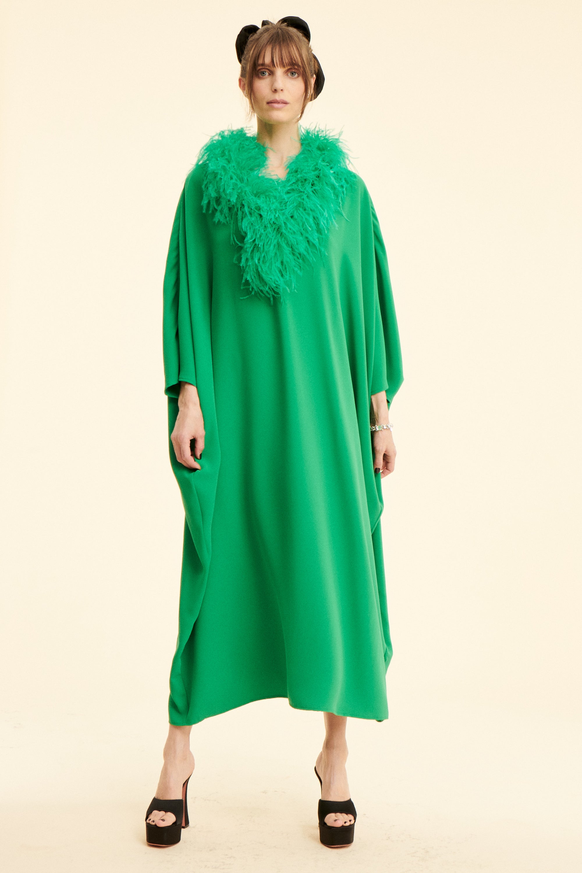 SAAHN ‘ STELLA’ Emerald Kaftan, kelly green, ostrich kaftan dress, Party dressing, Wedding, Event, Ostrich Feathers, One size fits all, Modern Kaftan, Modest and Glamour, Modest Dresses, Cool Girl Modesty