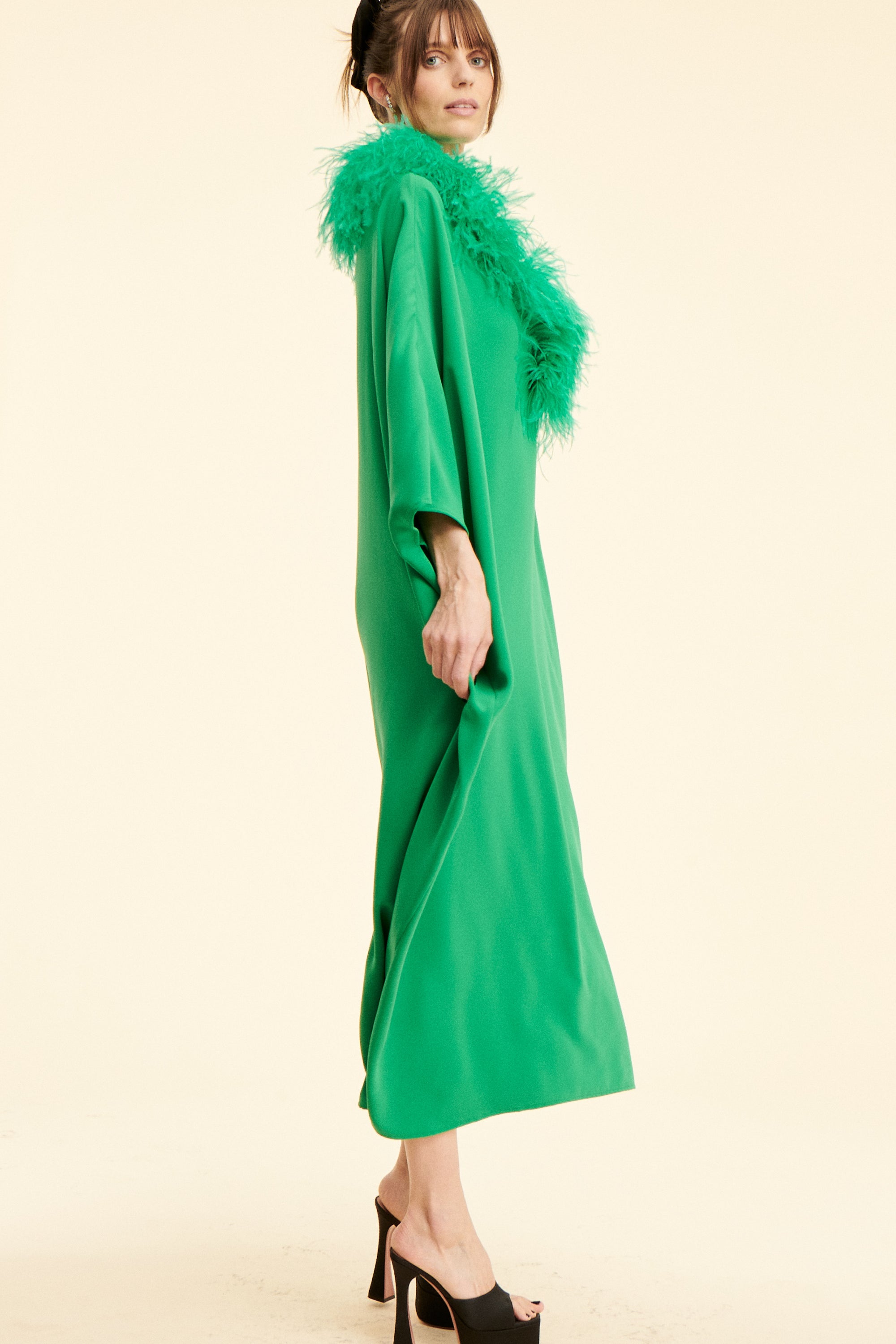 SAAHN ‘ STELLA’ Emerald Kaftan, kelly green, ostrich kaftan dress, Party dressing, Wedding, Event, Ostrich Feathers, One size fits all, Modern Kaftan, Modest and Glamour, Modest Dresses, Cool Girl Modesty