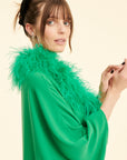 SAAHN ‘ STELLA’ Emerald Kaftan, kelly green, ostrich kaftan dress, Party dressing, Wedding, Event, Ostrich Feathers, One size fits all, Modern Kaftan, Modest and Glamour, Modest Dresses, Cool Girl Modesty