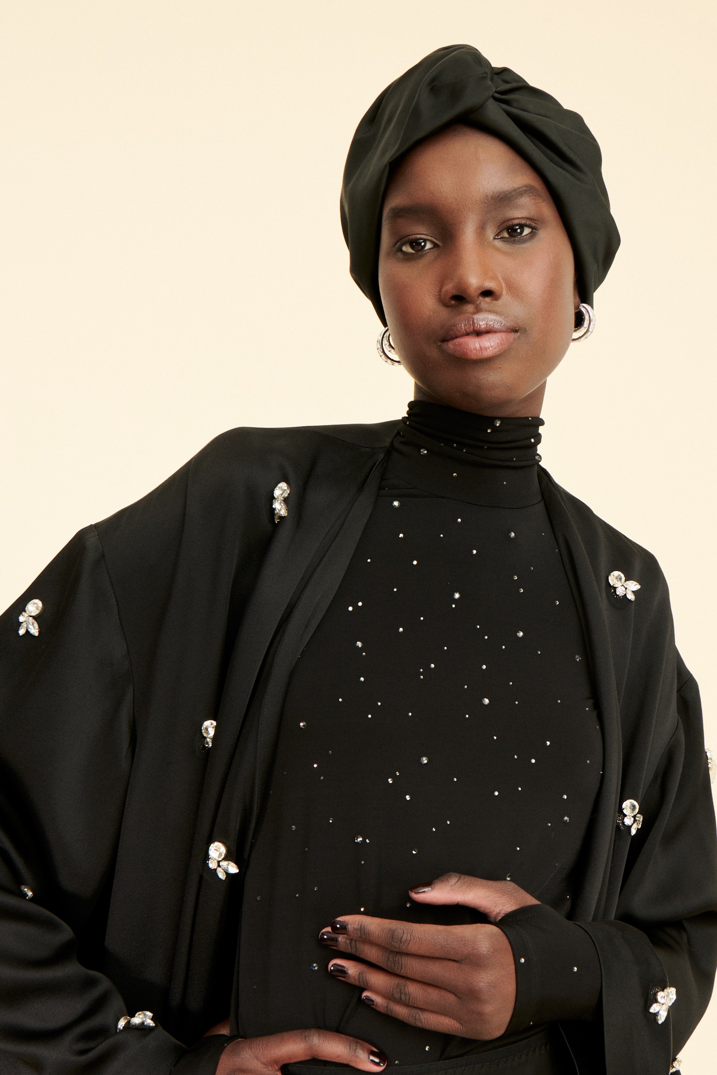 SAAHN Ostrich Kaftan in Black color- Front View