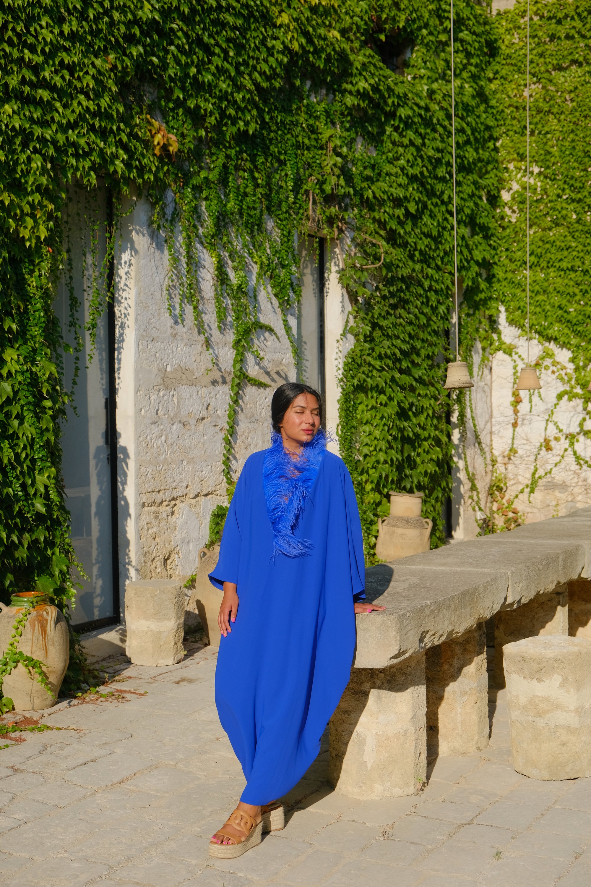 SAAHN Blue Ostrich Kaftan with Flowing Design