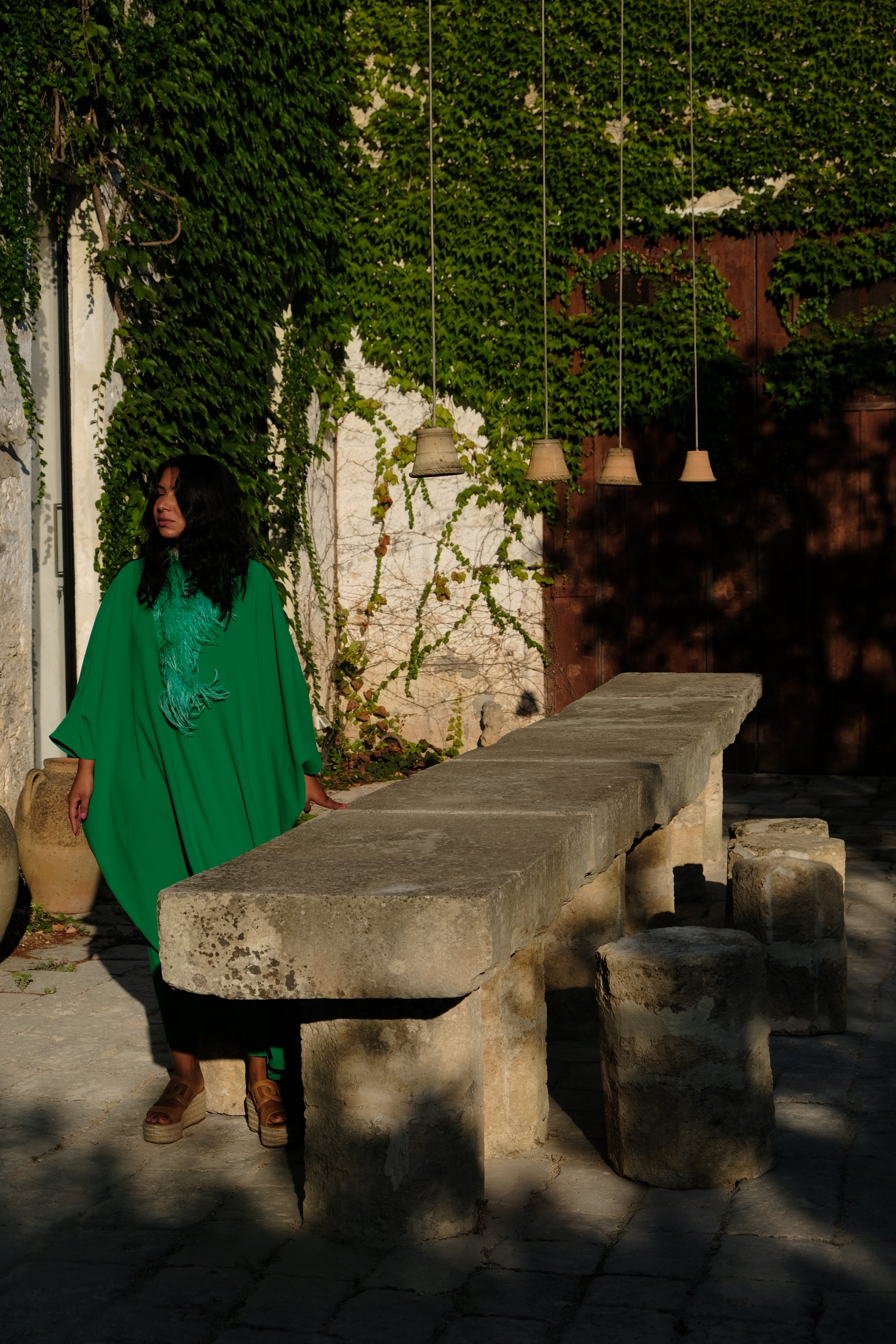 Elegant Ostrich emerald Green Kaftan displayed by SAAHN